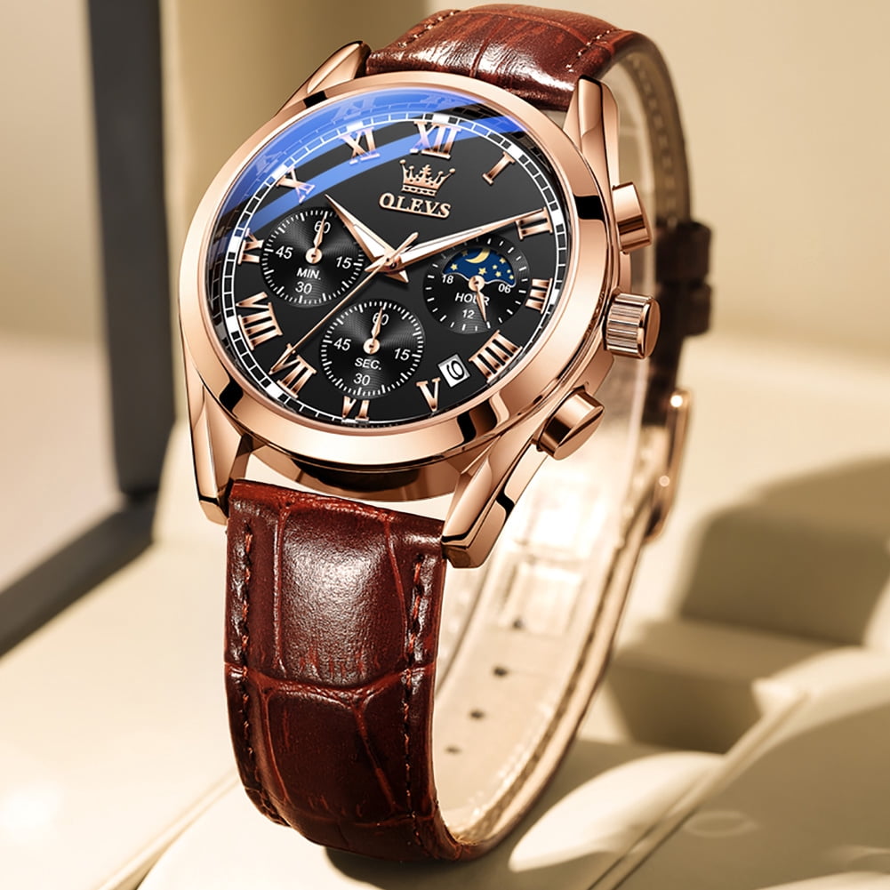 OLEVS Mens Watches Luxury Chronograph Moon Phase Waterproof Luminous Brown Leather Strap Date Rose Gold Classic Watch for Men - Image 2
