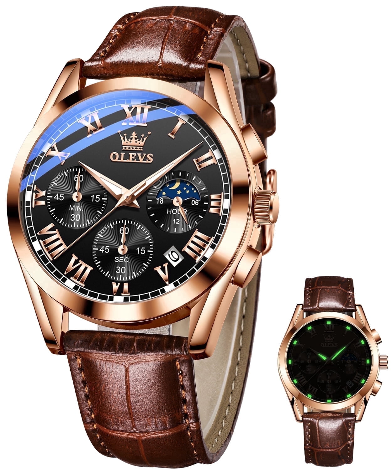 OLEVS Mens Watches Luxury Chronograph Moon Phase Waterproof Luminous Brown Leather Strap Date Rose Gold Classic Watch for Men