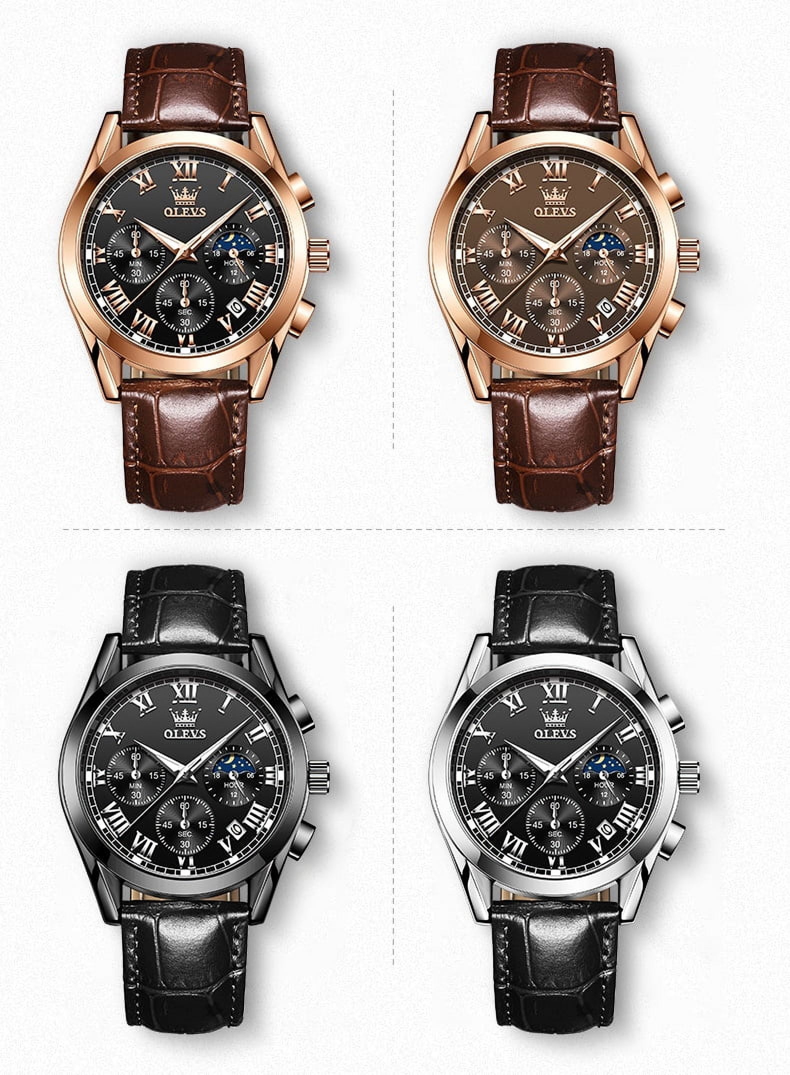 OLEVS Mens Watches Luxury Chronograph Moon Phase Waterproof Luminous Brown Leather Strap Date Rose Gold Classic Watch for Men - Image 3