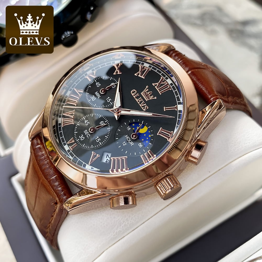 OLEVS Mens Watches Luxury Chronograph Moon Phase Waterproof Luminous Brown Leather Strap Date Rose Gold Classic Watch for Men - Image 5