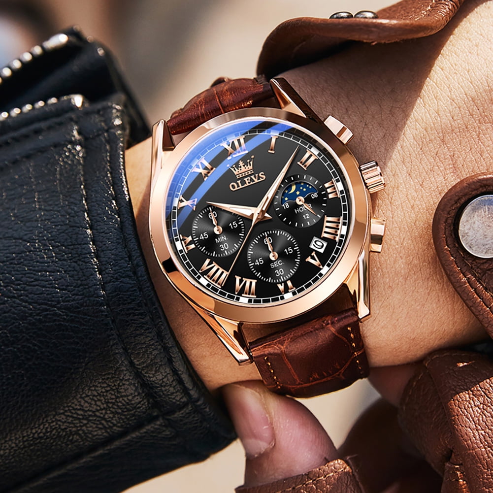OLEVS Mens Watches Luxury Chronograph Moon Phase Waterproof Luminous Brown Leather Strap Date Rose Gold Classic Watch for Men - Image 4