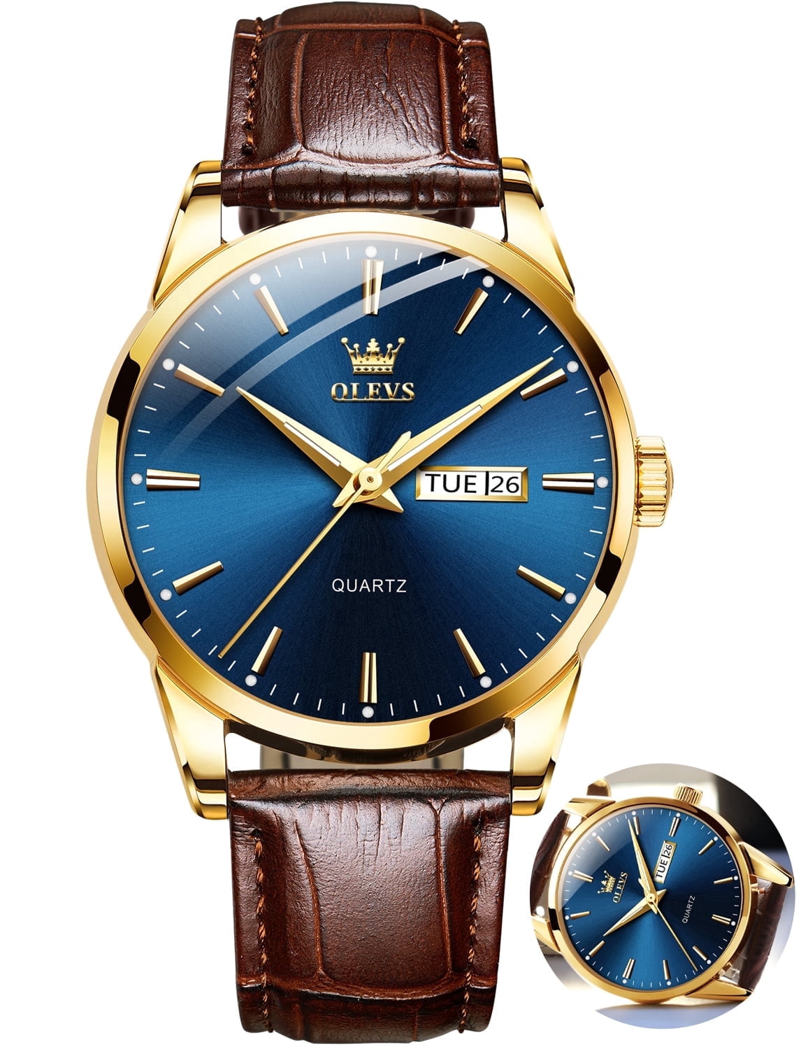 OLEVS Mens Watches,Brown Leather Watch for Men,Case Analog Quartz Fashion Business Dress Watch Day Date Luminous Waterproof Casual Male Wrist Watches Reloj para Hombre