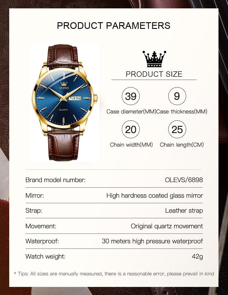 OLEVS Mens Watches,Brown Leather Watch for Men,Case Analog Quartz Fashion Business Dress Watch Day Date Luminous Waterproof Casual Male Wrist Watches Reloj para Hombre - Image 4