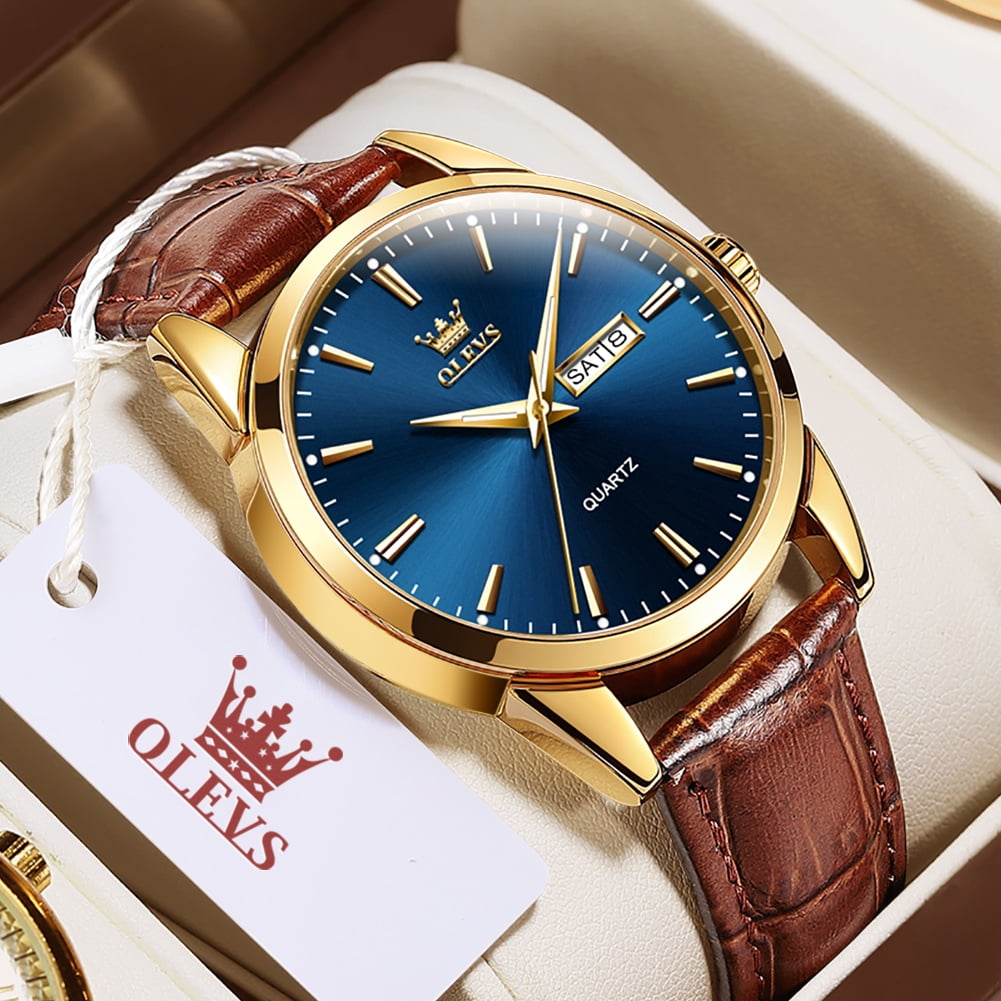 OLEVS Mens Watches,Brown Leather Watch for Men,Case Analog Quartz Fashion Business Dress Watch Day Date Luminous Waterproof Casual Male Wrist Watches Reloj para Hombre - Image 2