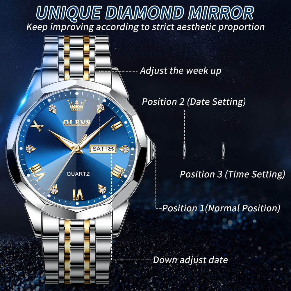 OLEVS Watch for Men Diamond Business Dress Analog Quartz Stainless Steel Waterproof Luminous Date Two Tone Luxury Casual Wrist Watch - Image 2