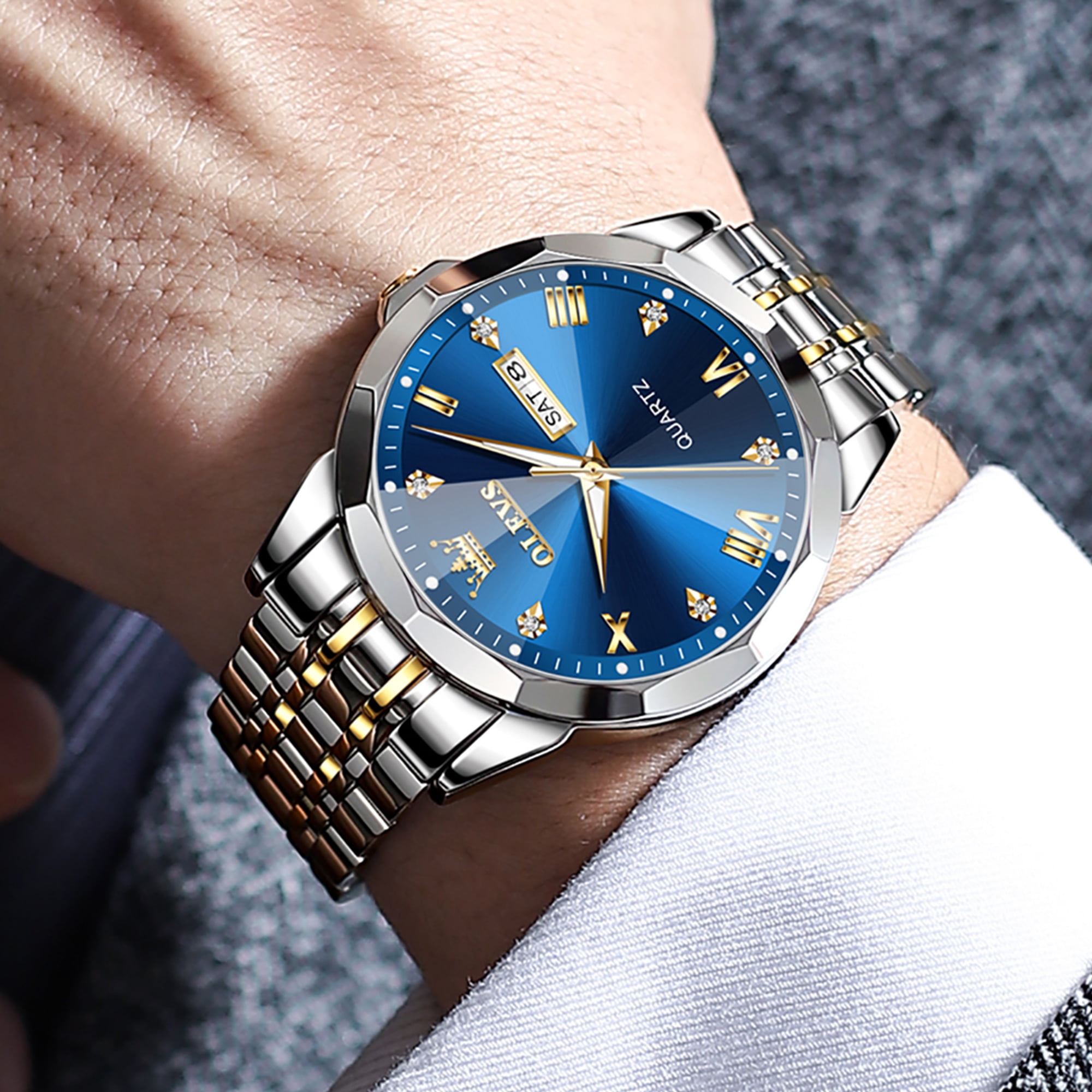 OLEVS Watches for Men Business Dress Analog Quartz Two Tone Gold Plated Stainless Steel Classic Waterproof Luminous Date Casual Mens Wrist Watches Reloj Para Hombre - Image 2