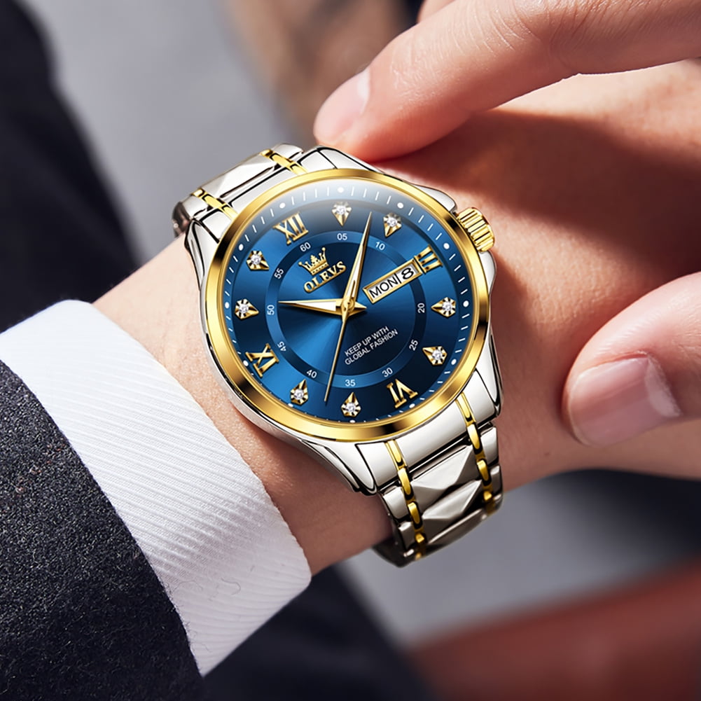 OLEVS Watches for Men Business Dress Diamond Analog Quartz Date Luxury Classic Casual Stainless Steel Waterproof Luminous Mens Wrist Watches Gifts Reloj para Hombre Blue/Black Dial - Image 4
