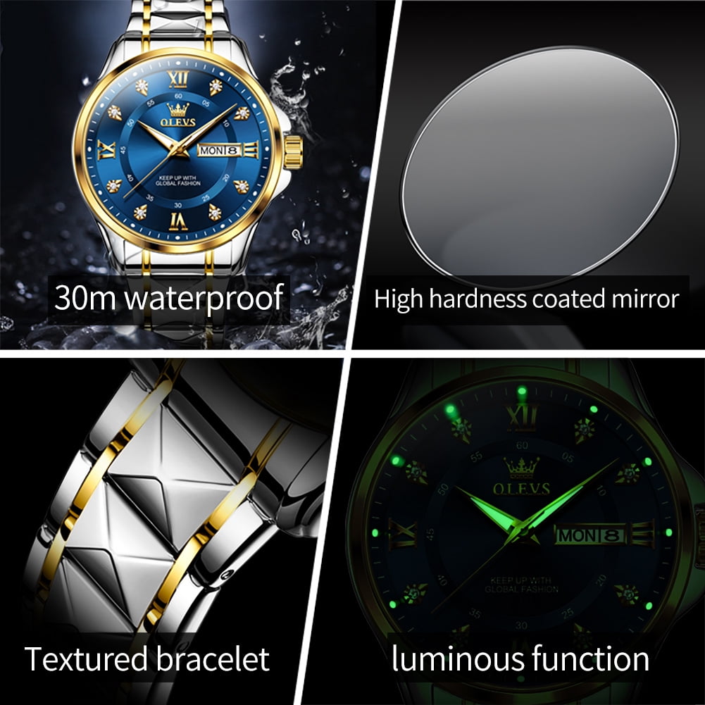 OLEVS Watches for Men Business Dress Diamond Analog Quartz Date Luxury Classic Casual Stainless Steel Waterproof Luminous Mens Wrist Watches Gifts Reloj para Hombre Blue/Black Dial - Image 3