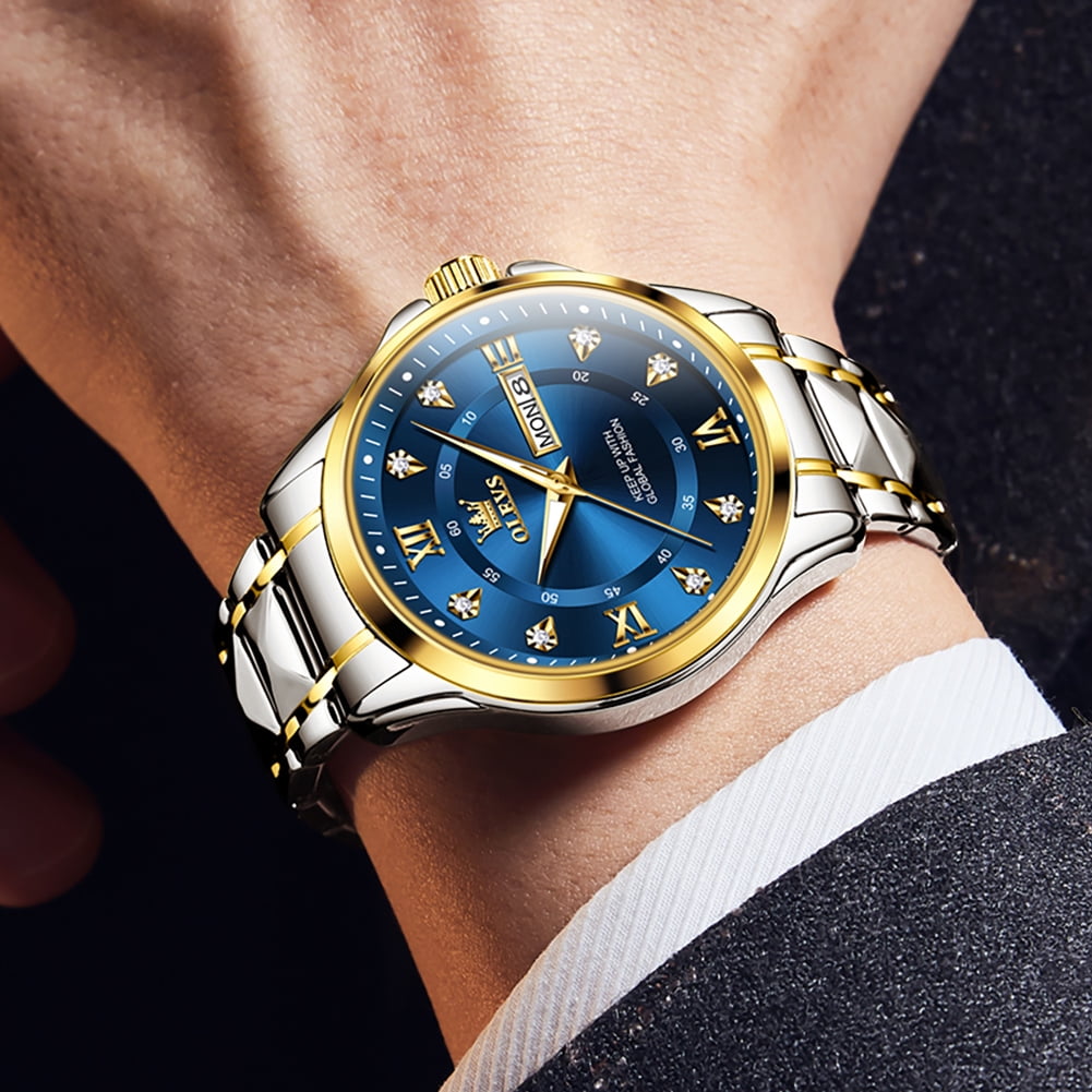 OLEVS Watches for Men Business Dress Diamond Analog Quartz Date Luxury Classic Casual Stainless Steel Waterproof Luminous Mens Wrist Watches Gifts Reloj para Hombre Blue/Black Dial - Image 2