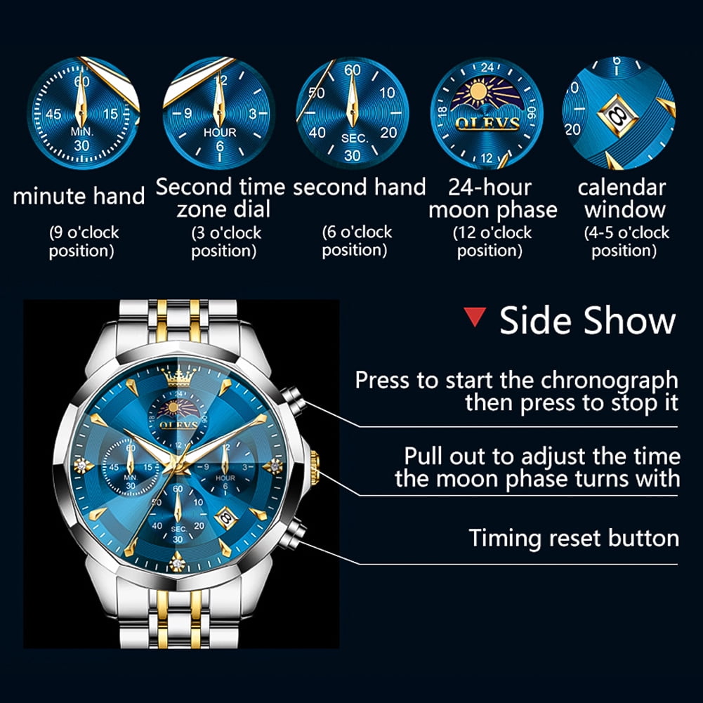 OLEVS Watches For Men Business Dress Luxury Casual Chronograph Multifunction Analog Quartz Stainless Steel Waterproof Luminous Moon Phase Date Men Wrist Watches Reloj Para Hombre Blue Dial - Image 4