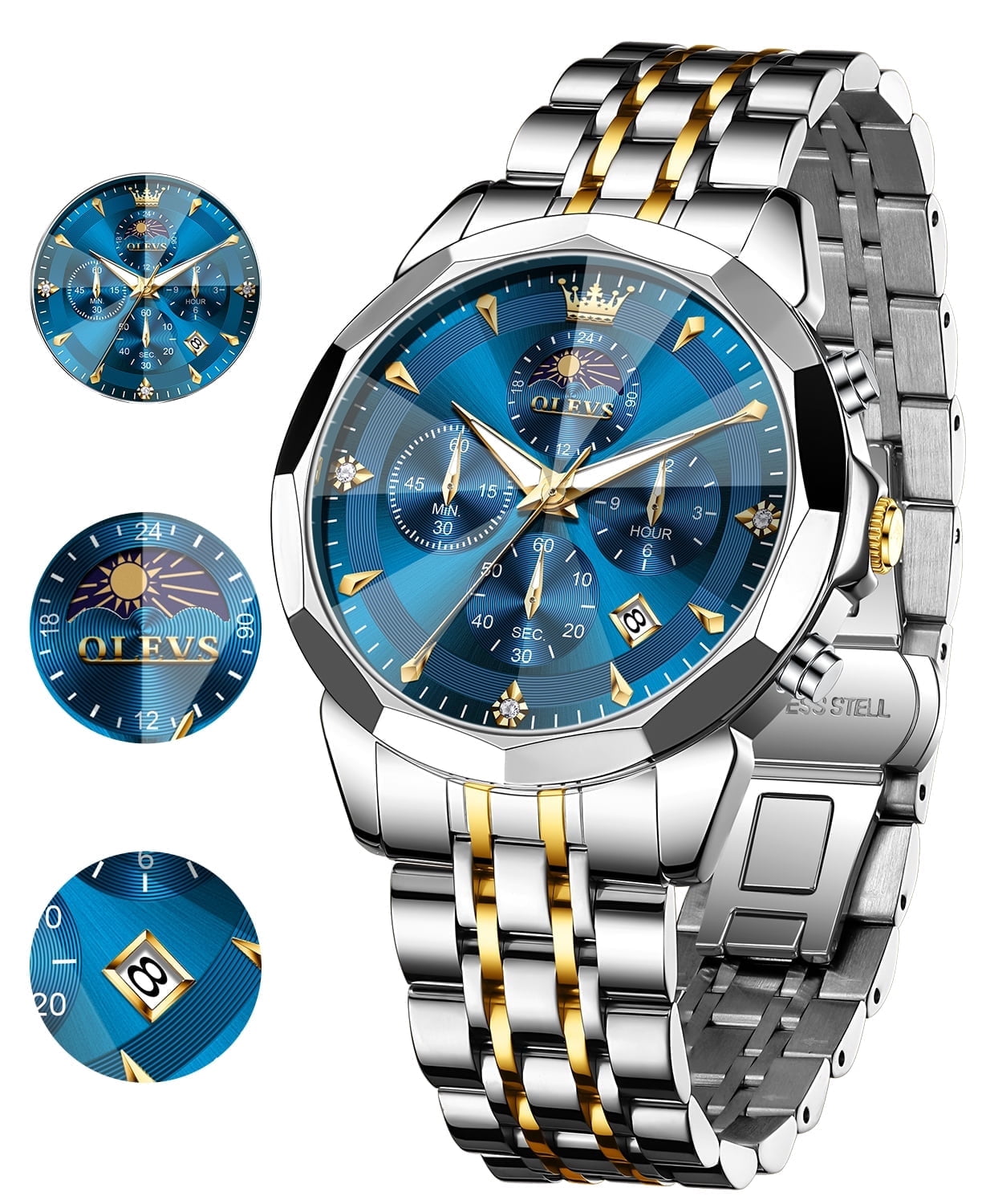 OLEVS Watches For Men Business Dress Luxury Casual Chronograph Multifunction Analog Quartz Stainless Steel Waterproof Luminous Moon Phase Date Men Wrist Watches Reloj Para Hombre Blue Dial