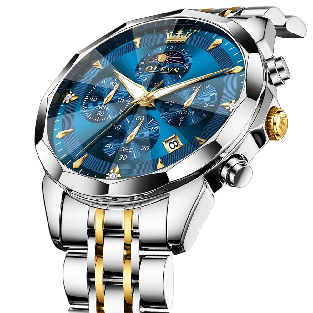 OLEVS Watches For Men Business Dress Luxury Casual Chronograph Multifunction Analog Quartz Stainless Steel Waterproof Luminous Moon Phase Date Men Wrist Watches Reloj Para Hombre Blue Dial - Image 5
