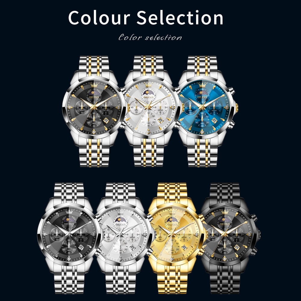 OLEVS Watches For Men Business Dress Luxury Casual Chronograph Multifunction Analog Quartz Stainless Steel Waterproof Luminous Moon Phase Date Men Wrist Watches Reloj Para Hombre Blue Dial - Image 2