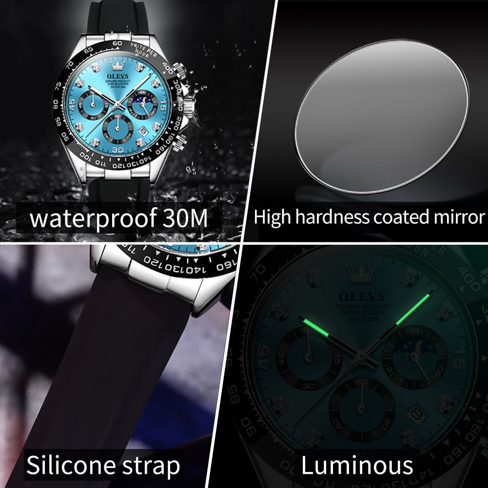 OLEVS Watches for Men Chronograph Multifunction Sport Silicone Luxury Dress Moon Phase Quartz Male Watch Waterproof Mens Wrist Watches Reloj para Hombre,plated golden/Black/White/Blue/Grey Dial - Image 5