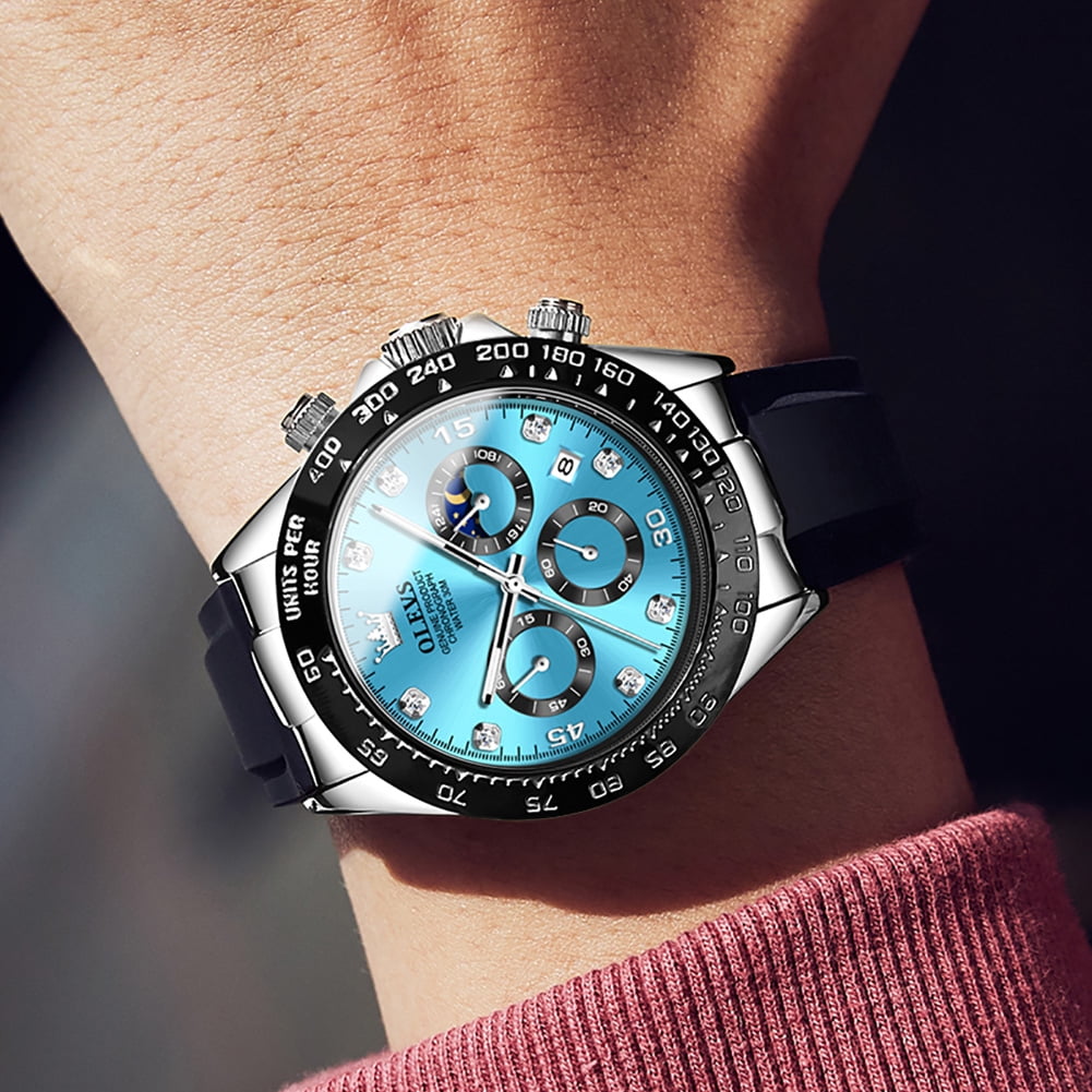 OLEVS Watches for Men Chronograph Multifunction Sport Silicone Luxury Dress Moon Phase Quartz Male Watch Waterproof Mens Wrist Watches Reloj para Hombre,plated golden/Black/White/Blue/Grey Dial - Image 2