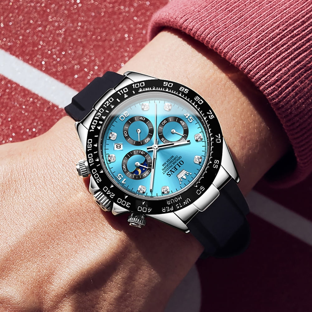 OLEVS Watches for Men Chronograph Multifunction Sport Silicone Luxury Dress Moon Phase Quartz Male Watch Waterproof Mens Wrist Watches Reloj para Hombre,plated golden/Black/White/Blue/Grey Dial - Image 4