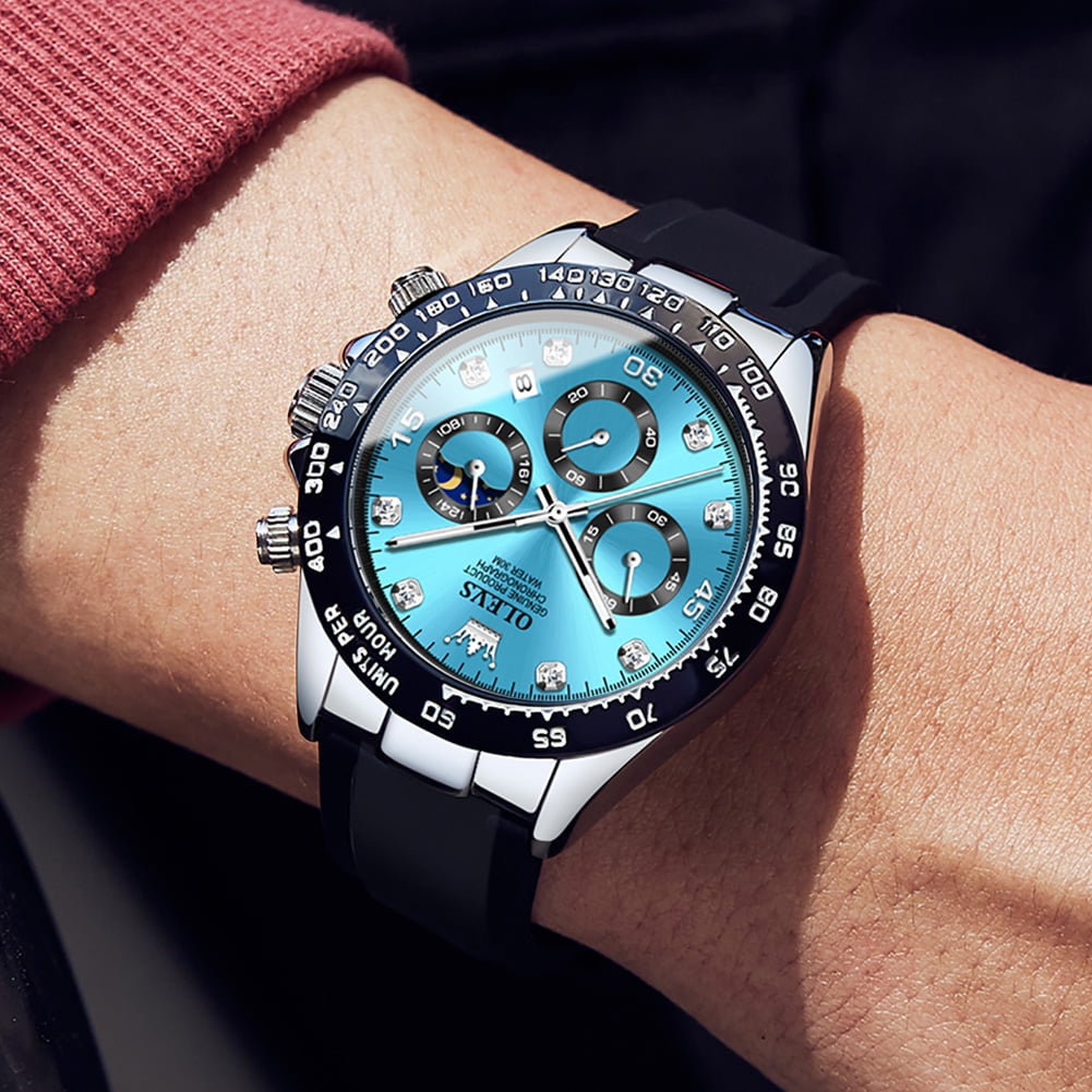 OLEVS Watches for Men Chronograph Multifunction Sport Silicone Luxury Dress Moon Phase Quartz Male Watch Waterproof Mens Wrist Watches Reloj para Hombre,plated golden/Black/White/Blue/Grey Dial - Image 3