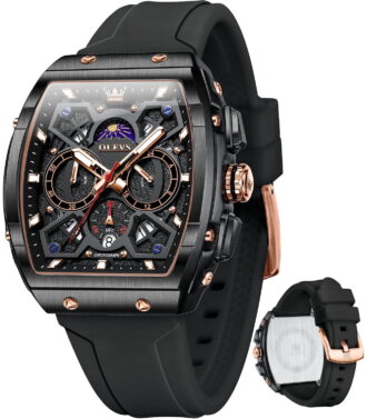OLEVS Watches for Men Chronograph Waterproof Luxury Dress Quartz Silicon Strap Multifunction Moon Phase Calendar Luminous Men Wrist Watches Reloj Para Hombre Black/Red