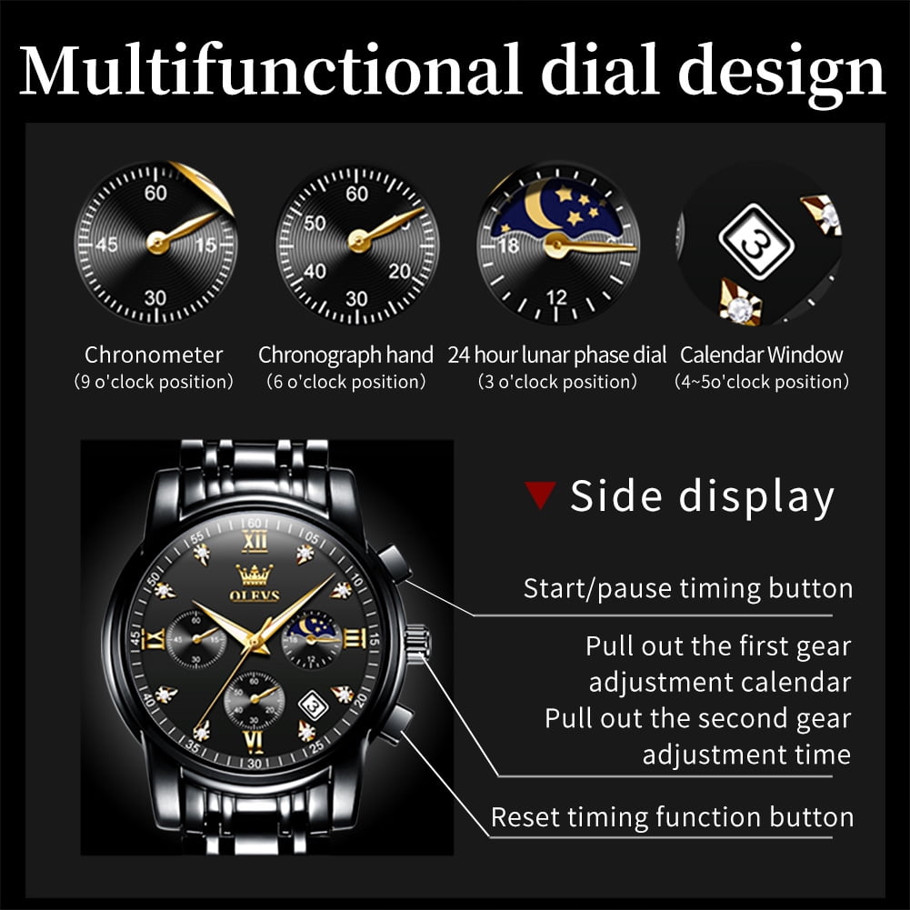 OLEVS Watches for Men Luxury Dress Casual Analog Quartz Gold Plated Stainless Steel Chronograph Moon Phase Waterproof Luminous Date Business Mens Wrist Watches Reloj Para Hombre - Image 4