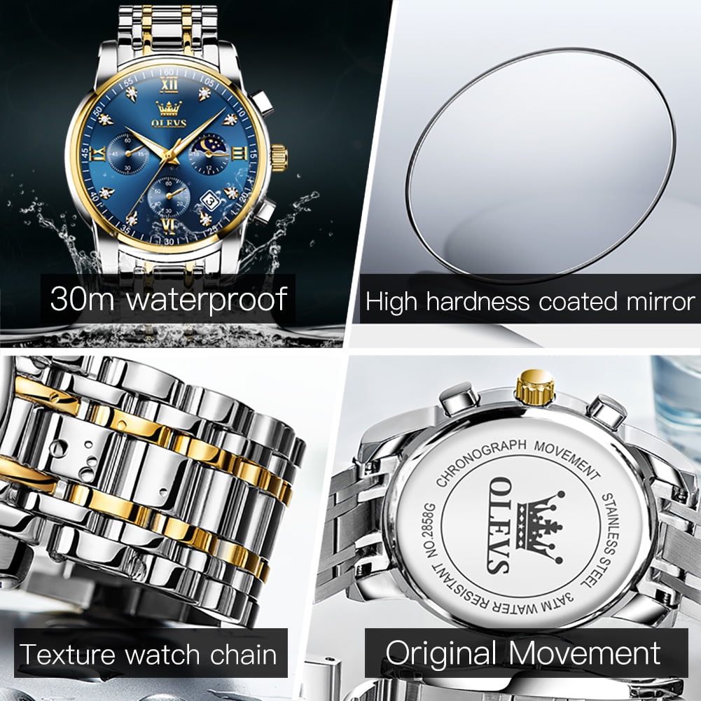 OLEVS Watches for Men, Mens Watches Gifts for Men Chronograph Analog Quartz Luxury Casual Classic Diamond Waterproof Luminous Stainless Steel Reloj para Hombre Blue Dial - Image 2