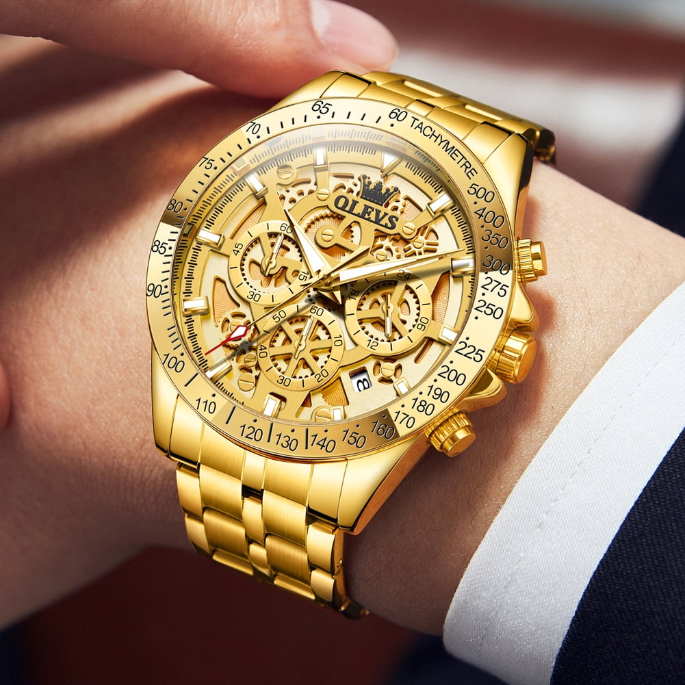 OLEVS Watches for Men Waterproof Luxury Dress Analog Quartz Chronograph Fashion Gold Plated Stainless Steel Luminous Date Classic Mens Wrist Watches Reloj Para Hombre White/Black Dial - Image 2