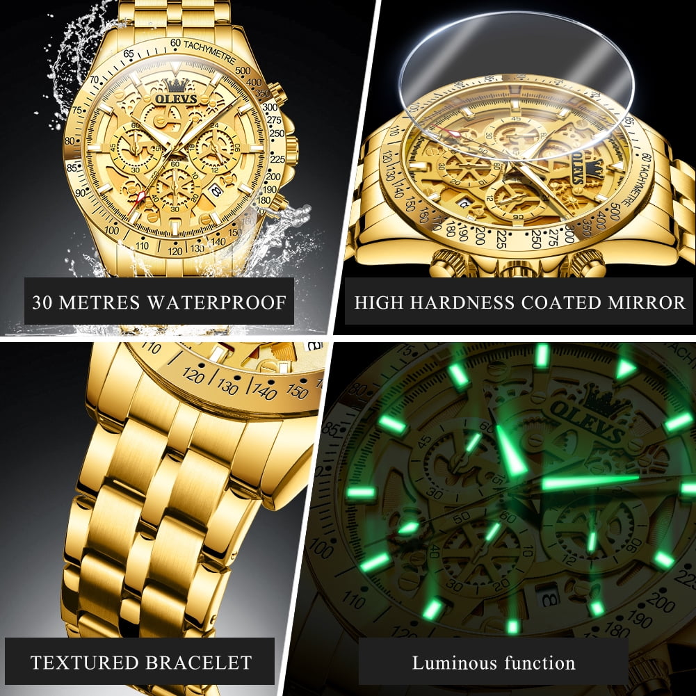 OLEVS Watches for Men Waterproof Luxury Dress Analog Quartz Chronograph Fashion Gold Plated Stainless Steel Luminous Date Classic Mens Wrist Watches Reloj Para Hombre White/Black Dial - Image 3