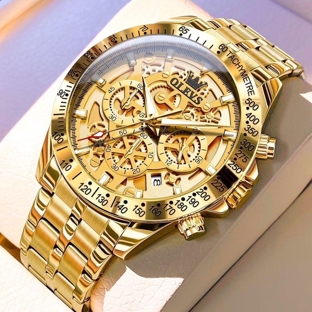 OLEVS Watches for Men Waterproof Luxury Dress Analog Quartz Chronograph Fashion Gold Plated Stainless Steel Luminous Date Classic Mens Wrist Watches Reloj Para Hombre White/Black Dial