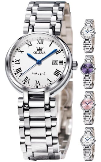 OLEVS Watches for Womens Analog Quartz Silver Strap Fashions Classic Dress Stainless Steel Date Waterproof Casual Ladies Watches Gift Womens Wrist Watches Reloj Para Mujer White/Pink/Purple