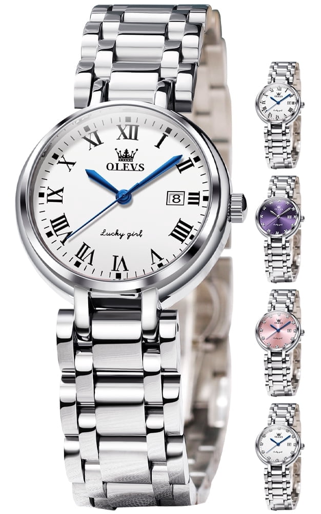 OLEVS Watches for Womens Analog Quartz Silver Strap Fashions Classic Dress Stainless Steel Date Waterproof Casual Ladies Watches Gift Womens Wrist Watches Reloj Para Mujer White/Pink/Purple