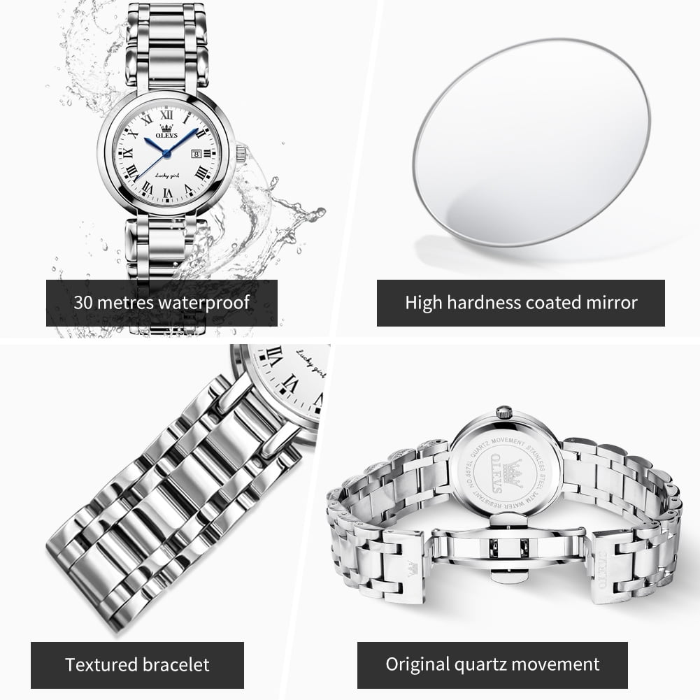 OLEVS Watches for Womens Analog Quartz Silver Strap Fashions Classic Dress Stainless Steel Date Waterproof Casual Ladies Watches Gift Womens Wrist Watches Reloj Para Mujer White/Pink/Purple - Image 3