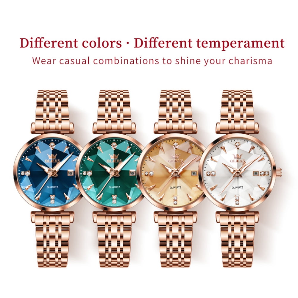 OLEVS Women Watch Fashion Rose Gold Diamond Analog Quartz Female Watch for Women Luxury Dress Ladies Stainless Steel Luminous Waterproof Date Wrist Watches Green Dial - Image 4