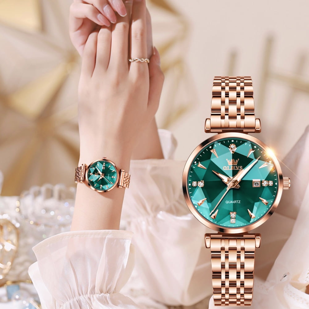 OLEVS Women Watch Fashion Rose Gold Diamond Analog Quartz Female Watch for Women Luxury Dress Ladies Stainless Steel Luminous Waterproof Date Wrist Watches Green Dial - Image 3