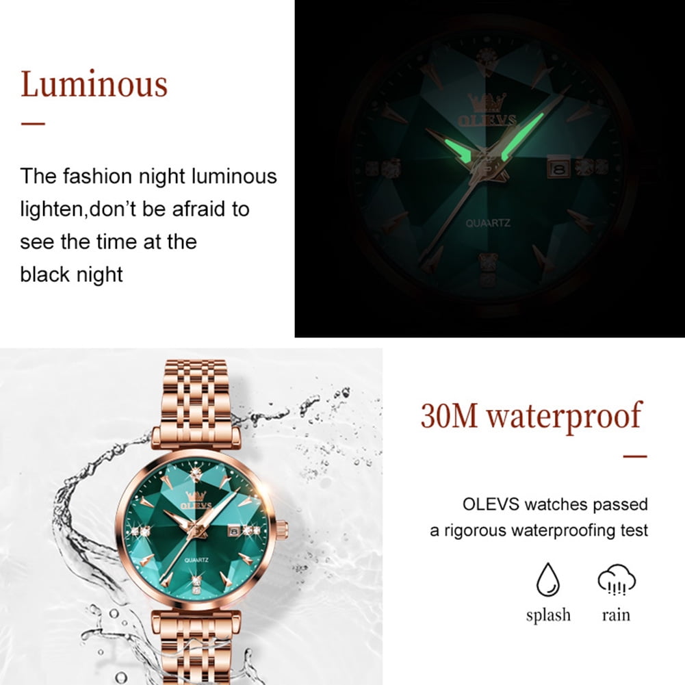 OLEVS Women Watch Fashion Rose Gold Diamond Analog Quartz Female Watch for Women Luxury Dress Ladies Stainless Steel Luminous Waterproof Date Wrist Watches Green Dial - Image 5