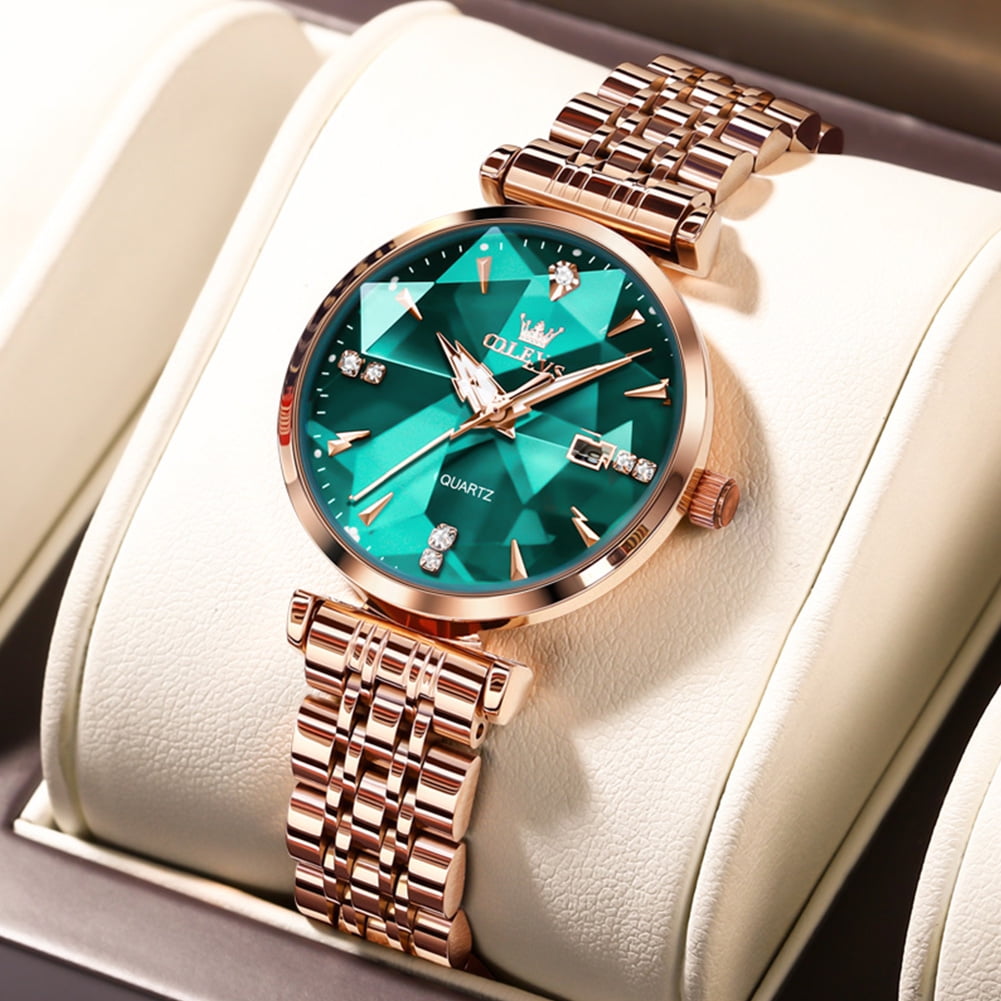OLEVS Women Watch Fashion Rose Gold Diamond Analog Quartz Female Watch for Women Luxury Dress Ladies Stainless Steel Luminous Waterproof Date Wrist Watches Green Dial - Image 2