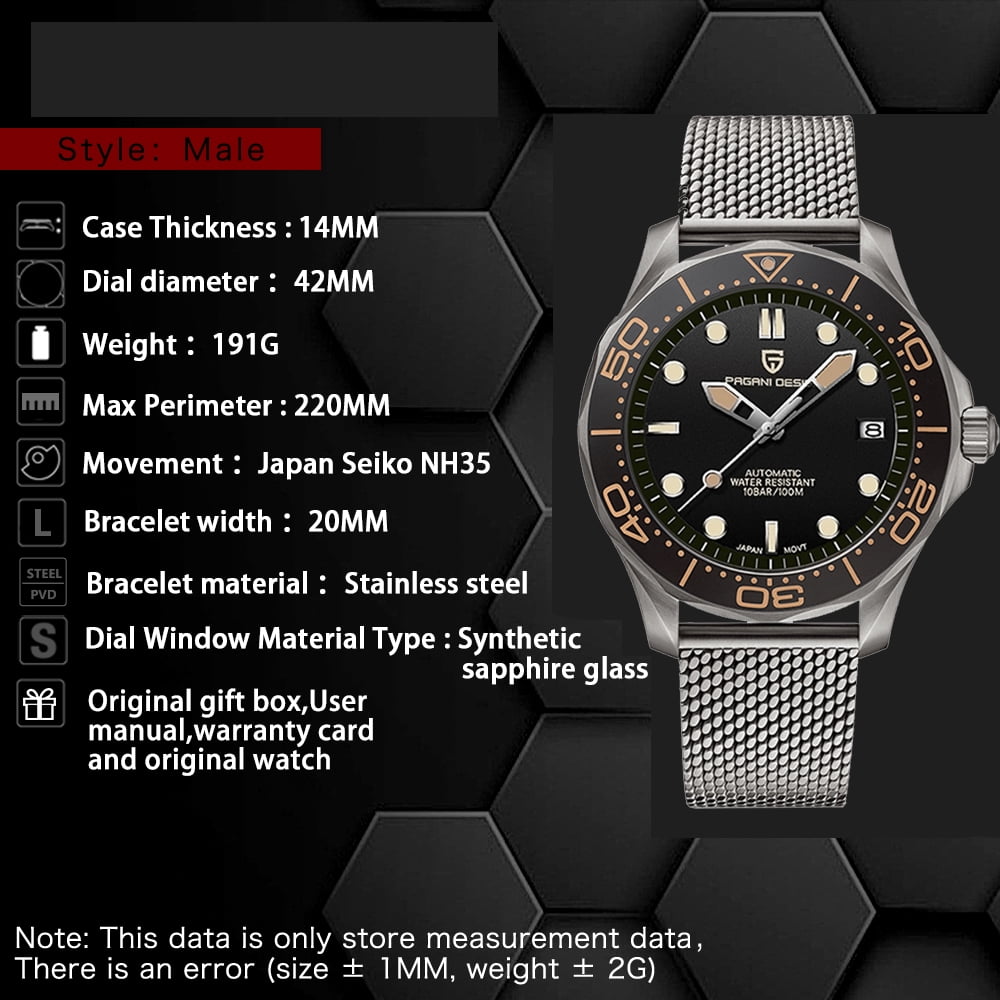 PAGANI DESIGN Men's Watches full Automatic Mechanical Sports Wrist Watch for Men Stainless Steel Mesh Watchband 100M Waterproof Ceramic Bezel PD1667 - Image 4