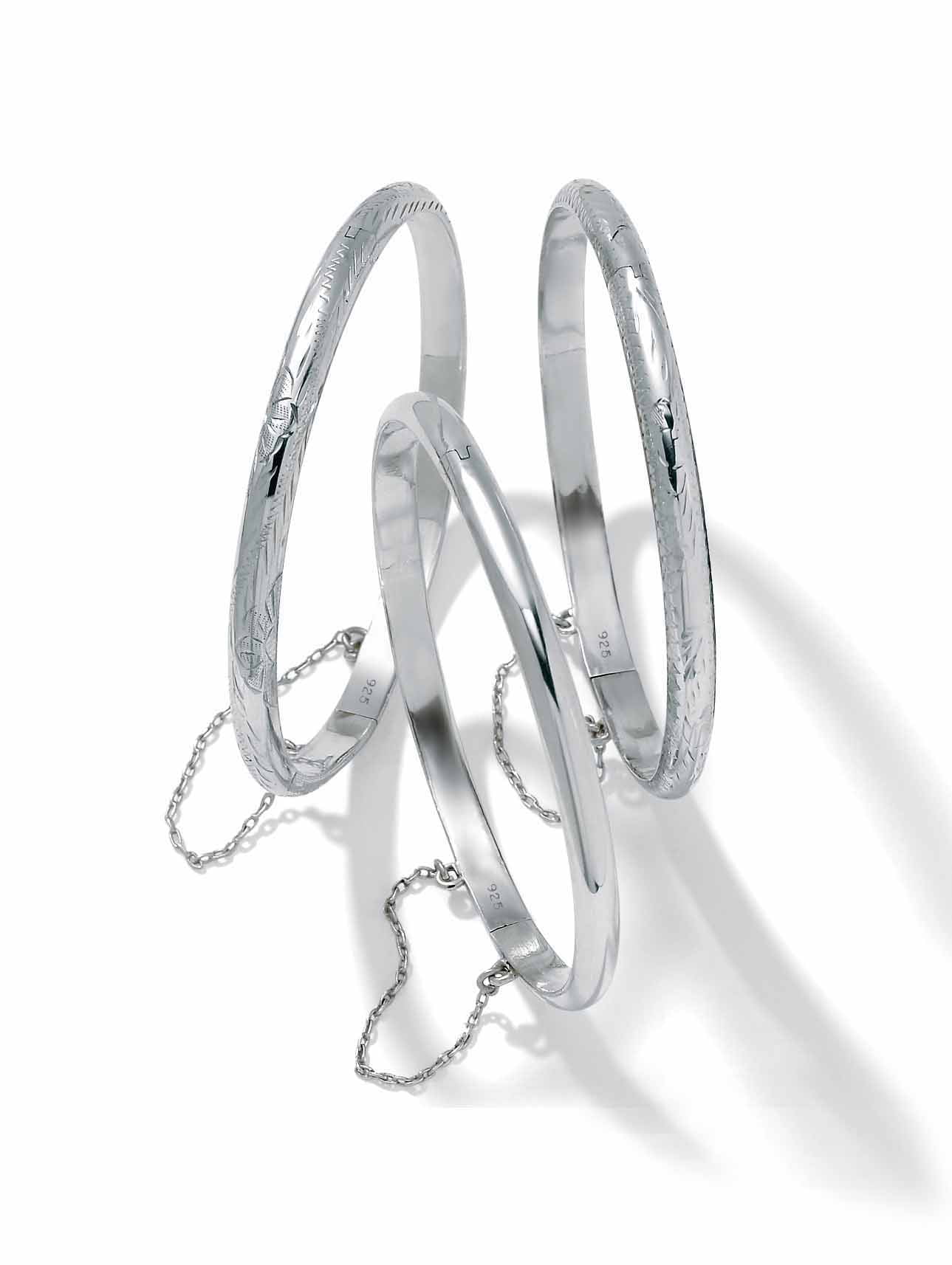 PalmBeach Jewelry Polished, Engraved and Floral Three-Piece Bangle Set in Yellow Gold-Plated or Sterling Silver - Image 3
