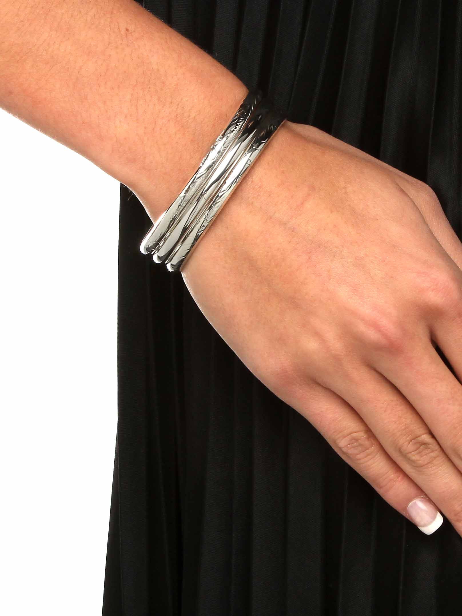 PalmBeach Jewelry Polished, Engraved and Floral Three-Piece Bangle Set in Yellow Gold-Plated or Sterling Silver - Image 4