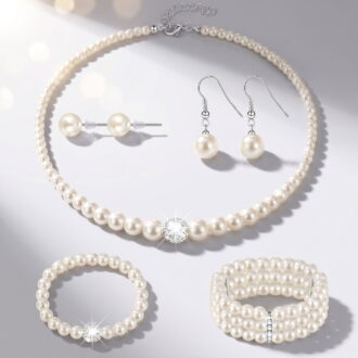 Pearl Rhinestone Jewelry Set for Women, 5Pcs Pearl Necklace, Bracelets and Earrings for Wedding, Birthday, Bridal Shower and Special Events