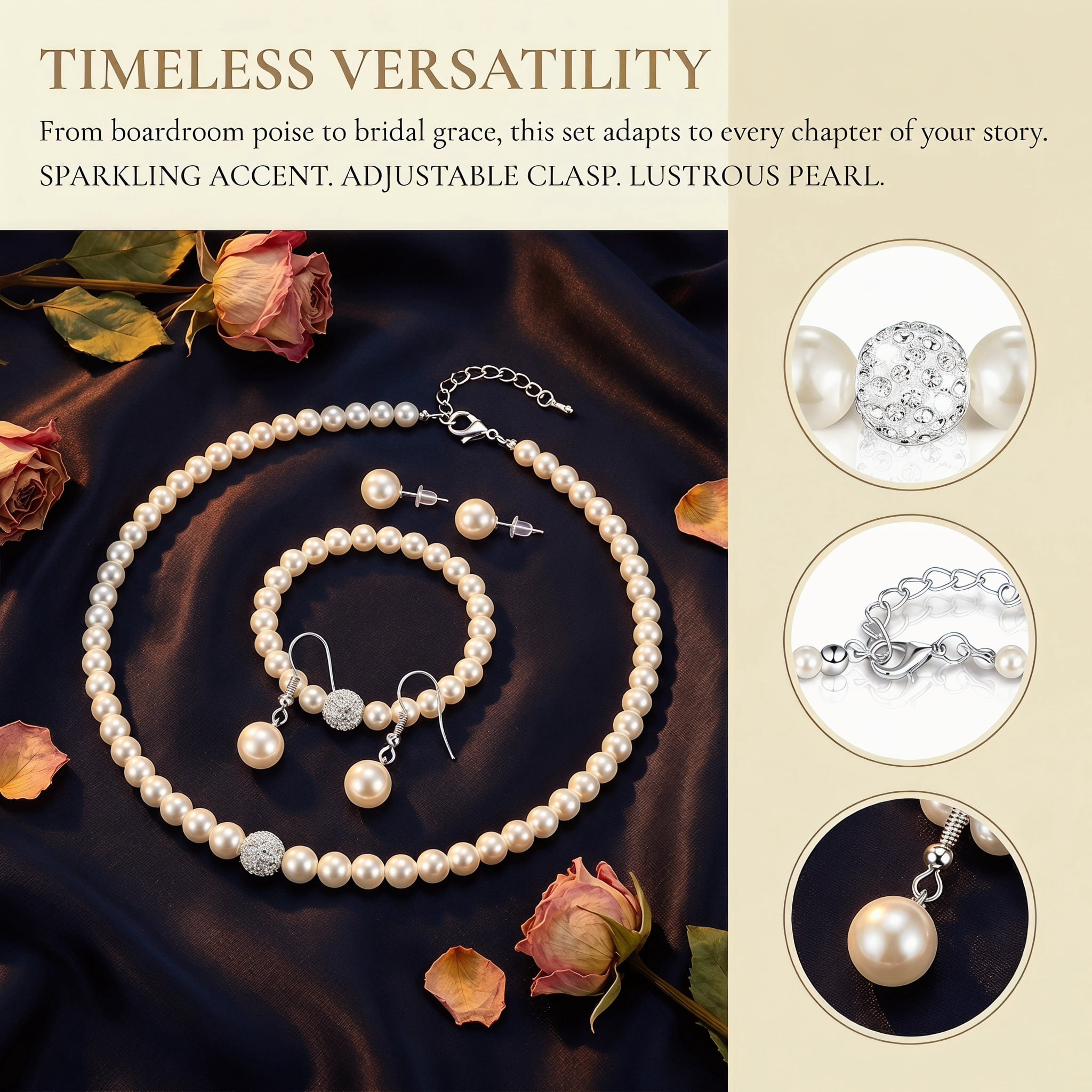Pearl Rhinestone Jewelry Set for Women, 5Pcs Pearl Necklace, Bracelets and Earrings for Wedding, Birthday, Bridal Shower and Special Events - Image 2