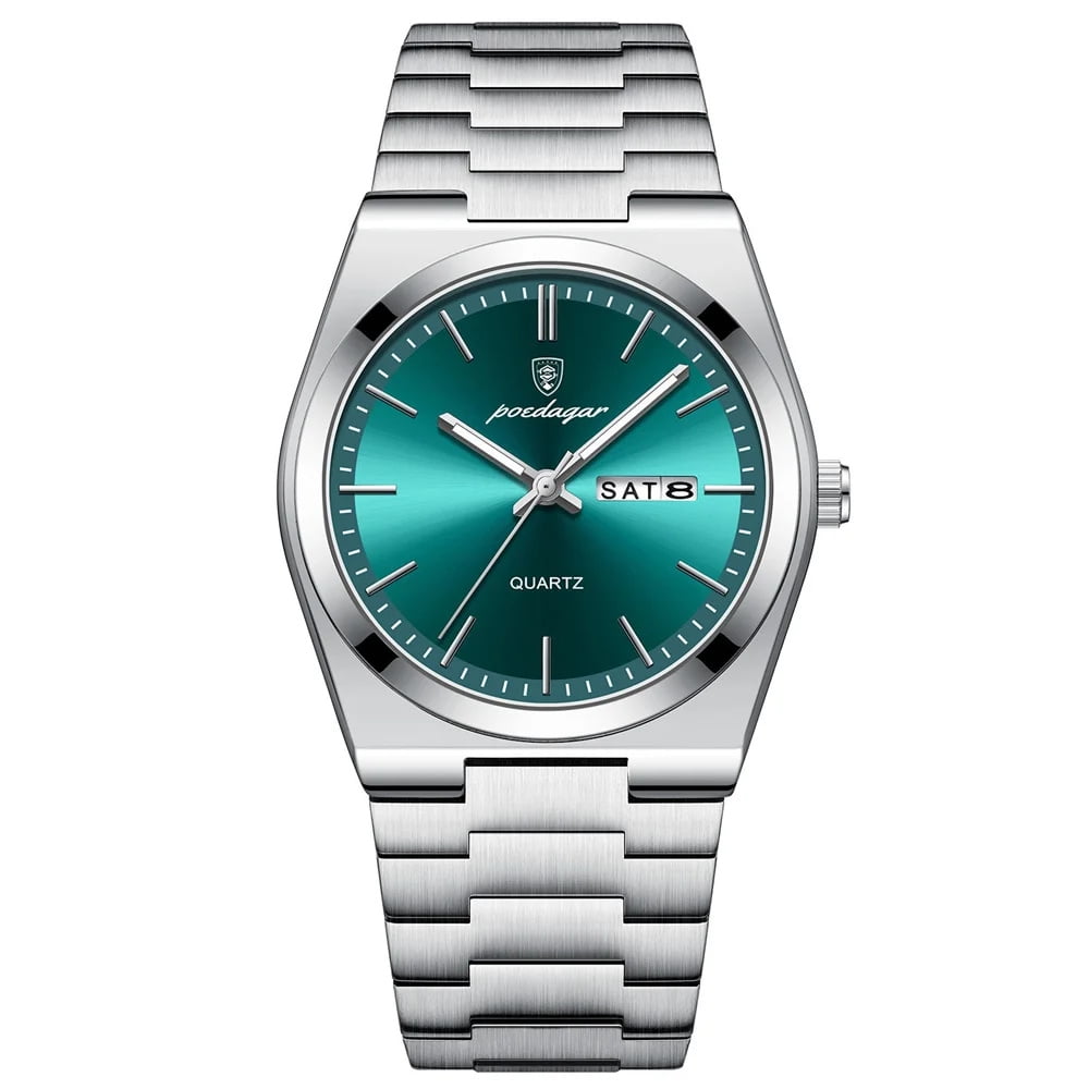 POEDAGAR Men Green Quartz Stainless Steel Fashion Watch Analog Waterproof Luminous Date Wristwatch
