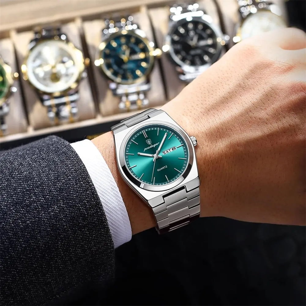 POEDAGAR Men Green Quartz Stainless Steel Fashion Watch Analog Waterproof Luminous Date Wristwatch - Image 4