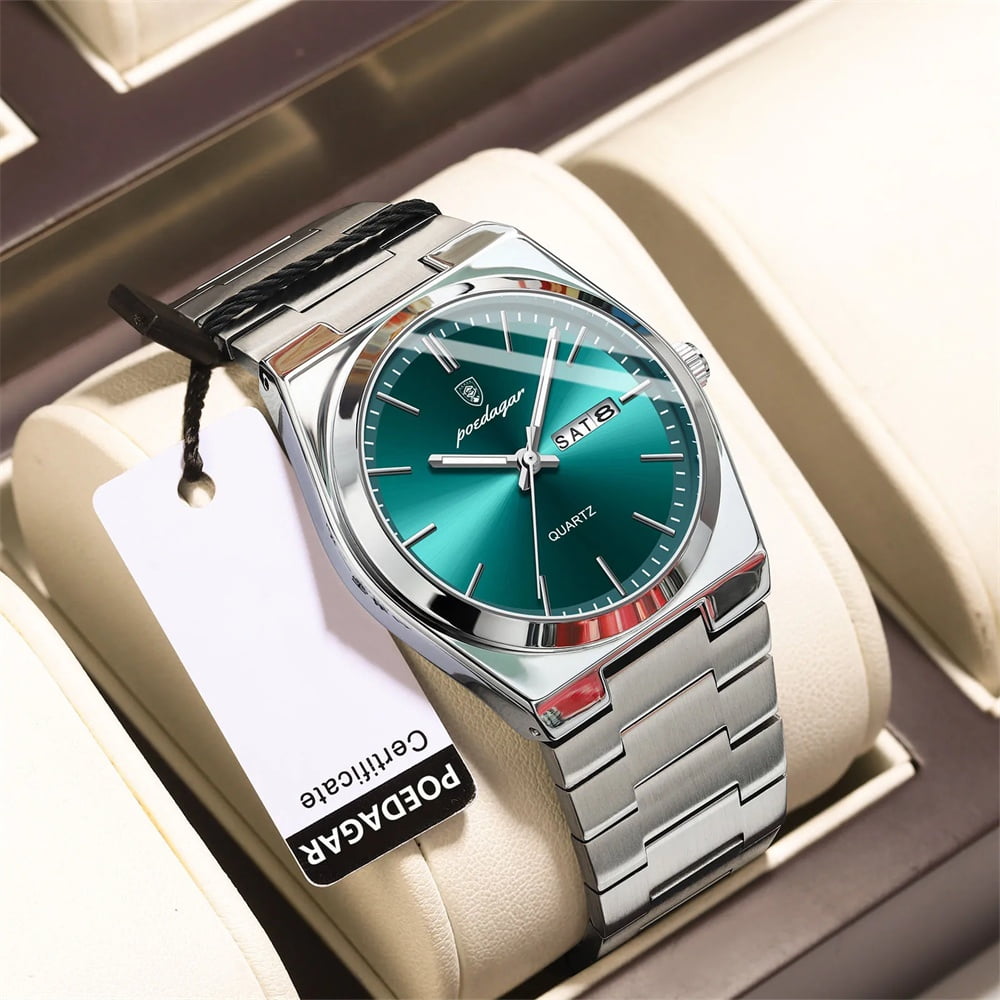 POEDAGAR Men Green Quartz Stainless Steel Fashion Watch Analog Waterproof Luminous Date Wristwatch - Image 2