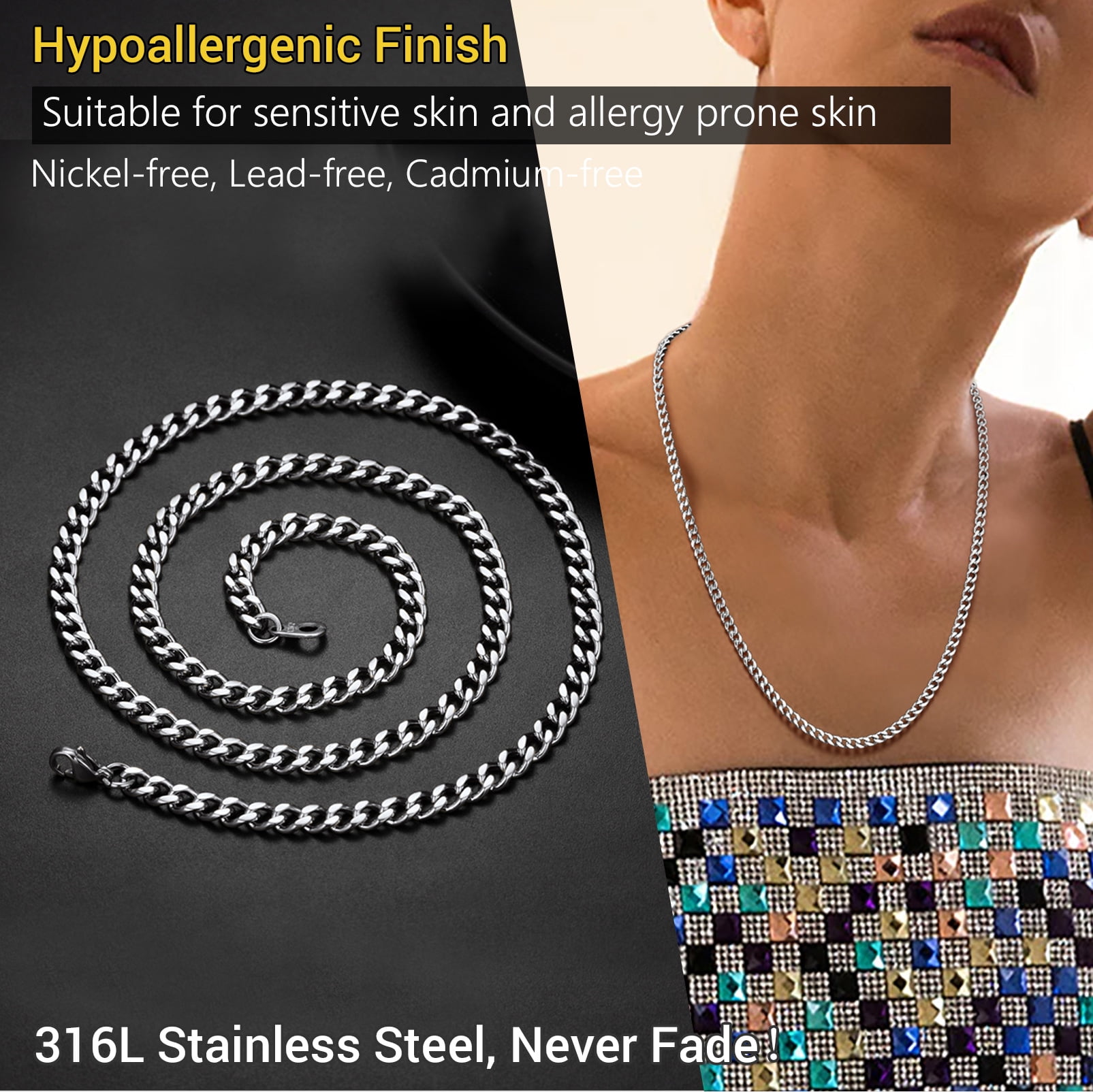 PROSTEEL Cuban Chain for Men 4.8mm Solid Stainless Steel Miami Necklace 14 Inch Hip Hop Mens Gift for Birthday - Image 2