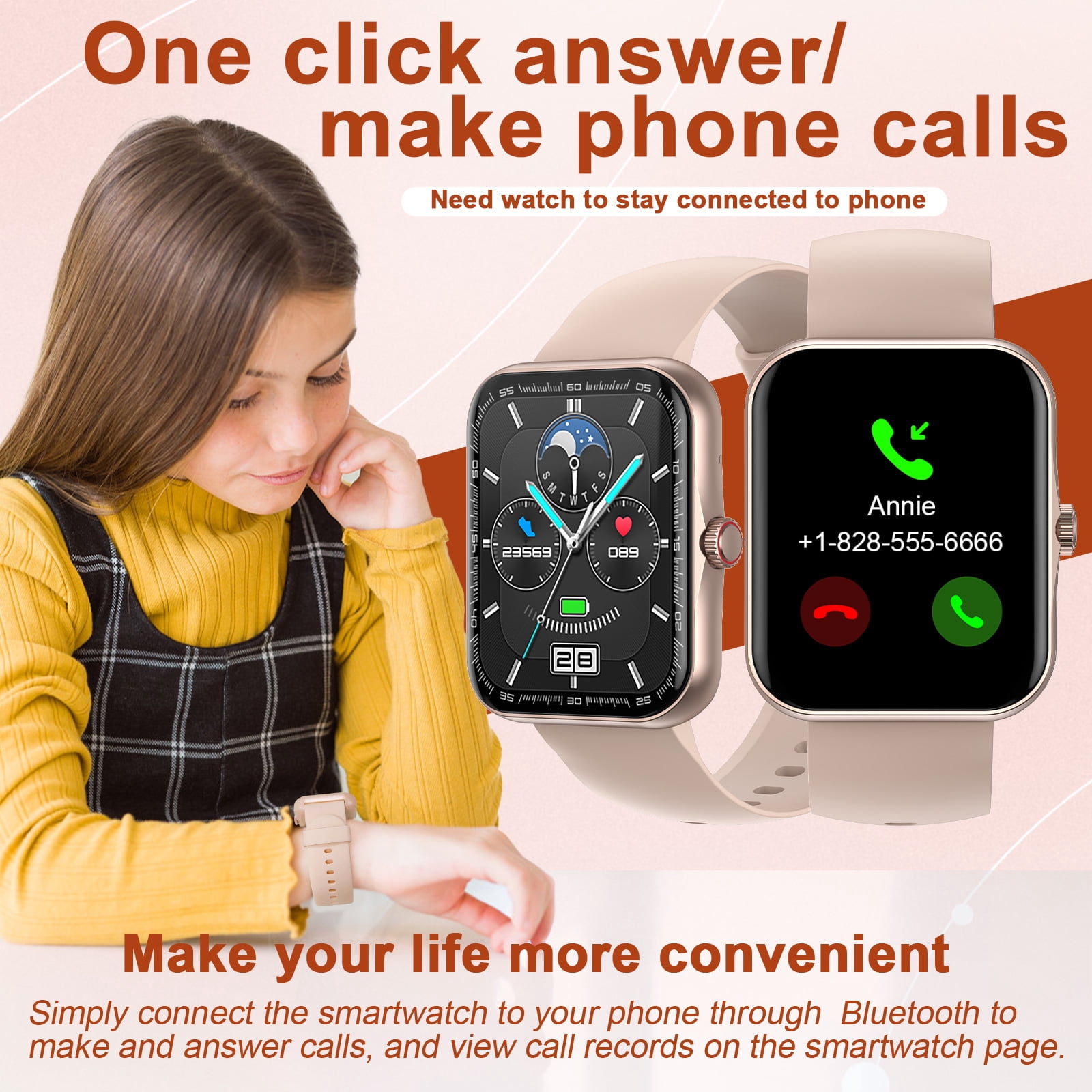 PTHTECHUS 1.83'' Smart Watch for Kids Sport Smartwatch with 37 Sports Modes DIY Watch Touchscreen Phone Calls Music Calculator Excellent Gift for Teenage(Gold) - Image 3