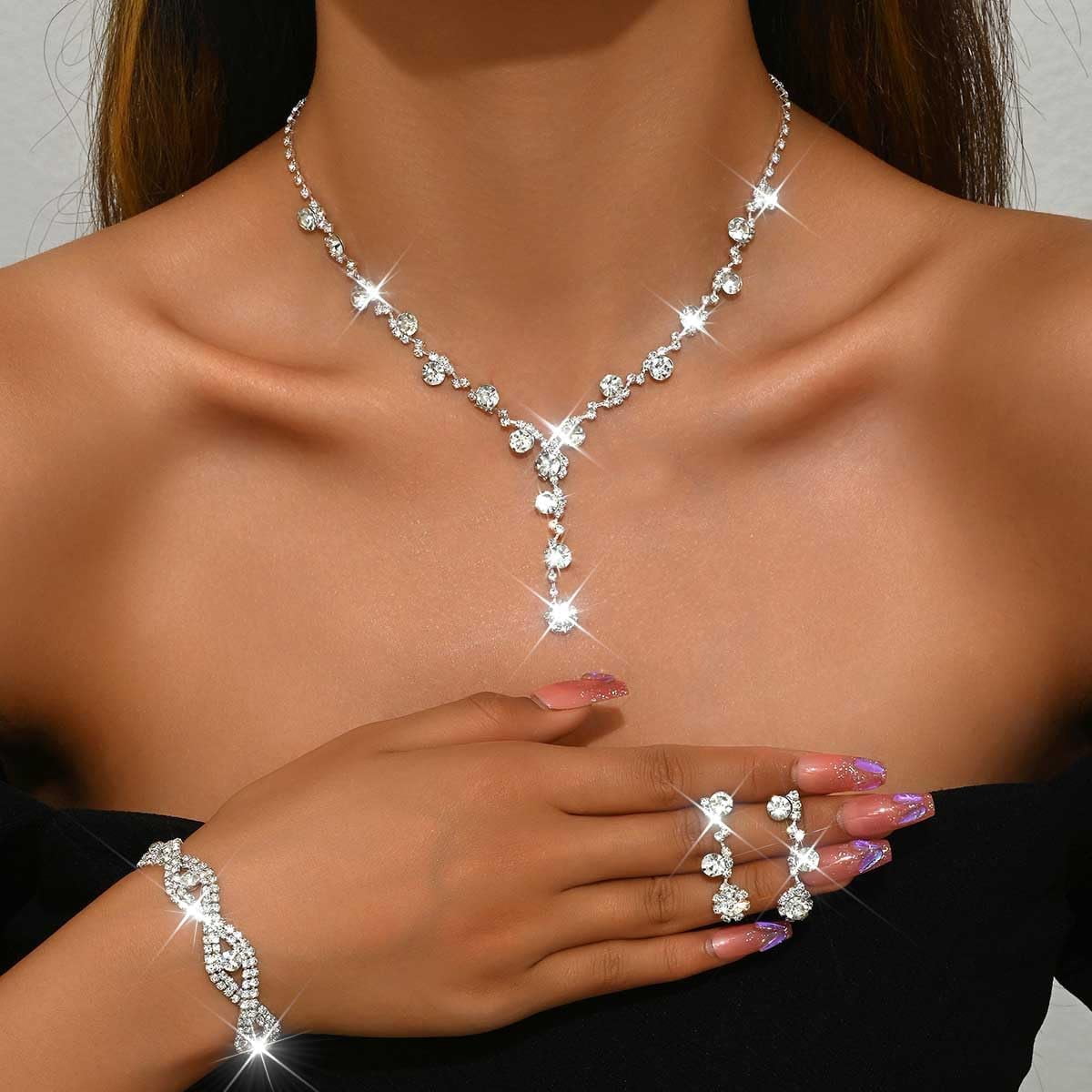 Rhinestone Necklace Set Silver Sparkly Earrings Bracelet Bridal Prom Wedding Jewelry Sets for Women and Bride - Image 5