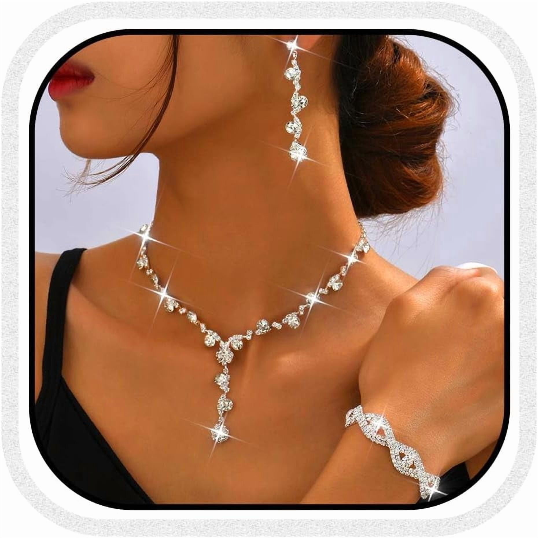 Rhinestone Necklace Set Silver Sparkly Earrings Bracelet Bridal Prom Wedding Jewelry Sets for Women and Bride
