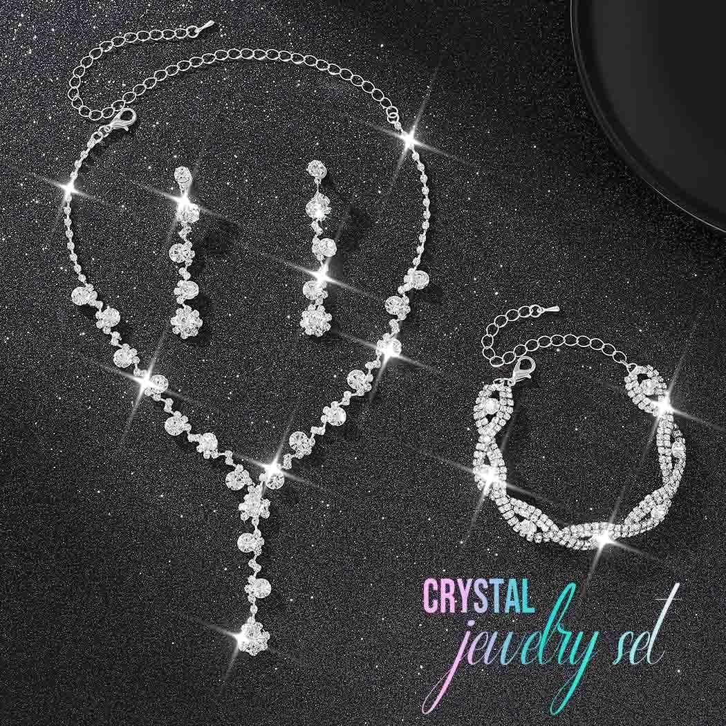 Rhinestone Necklace Set Silver Sparkly Earrings Bracelet Bridal Prom Wedding Jewelry Sets for Women and Bride - Image 4