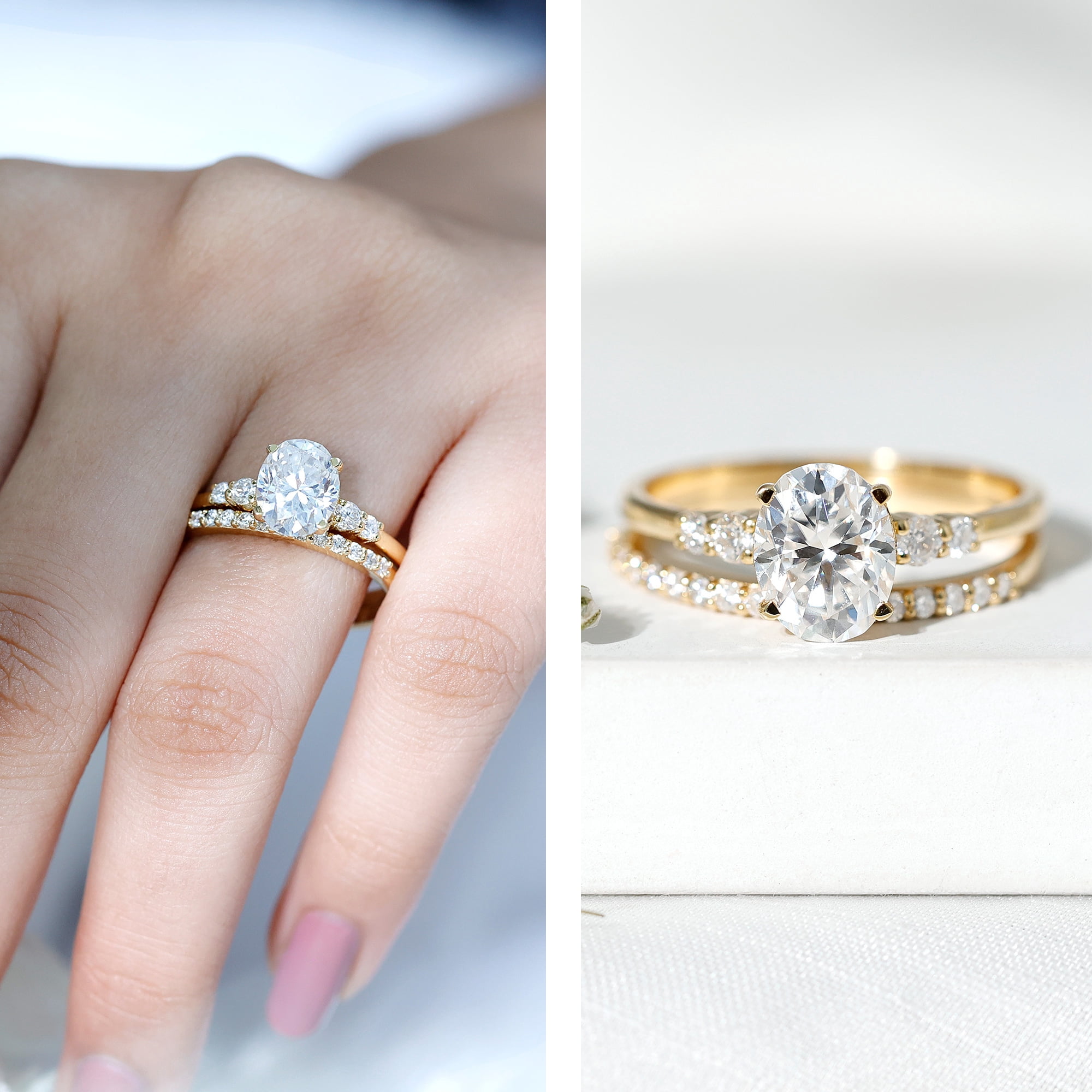 Rosec Jewels 2 Ct Oval Lab Grown Diamond Engagement Ring with Wedding Band (EF-VS Grade) - Bridal Ring Set of 2 - with Jewelry Box, 10K Yellow Gold, US 12.00 - Image 4