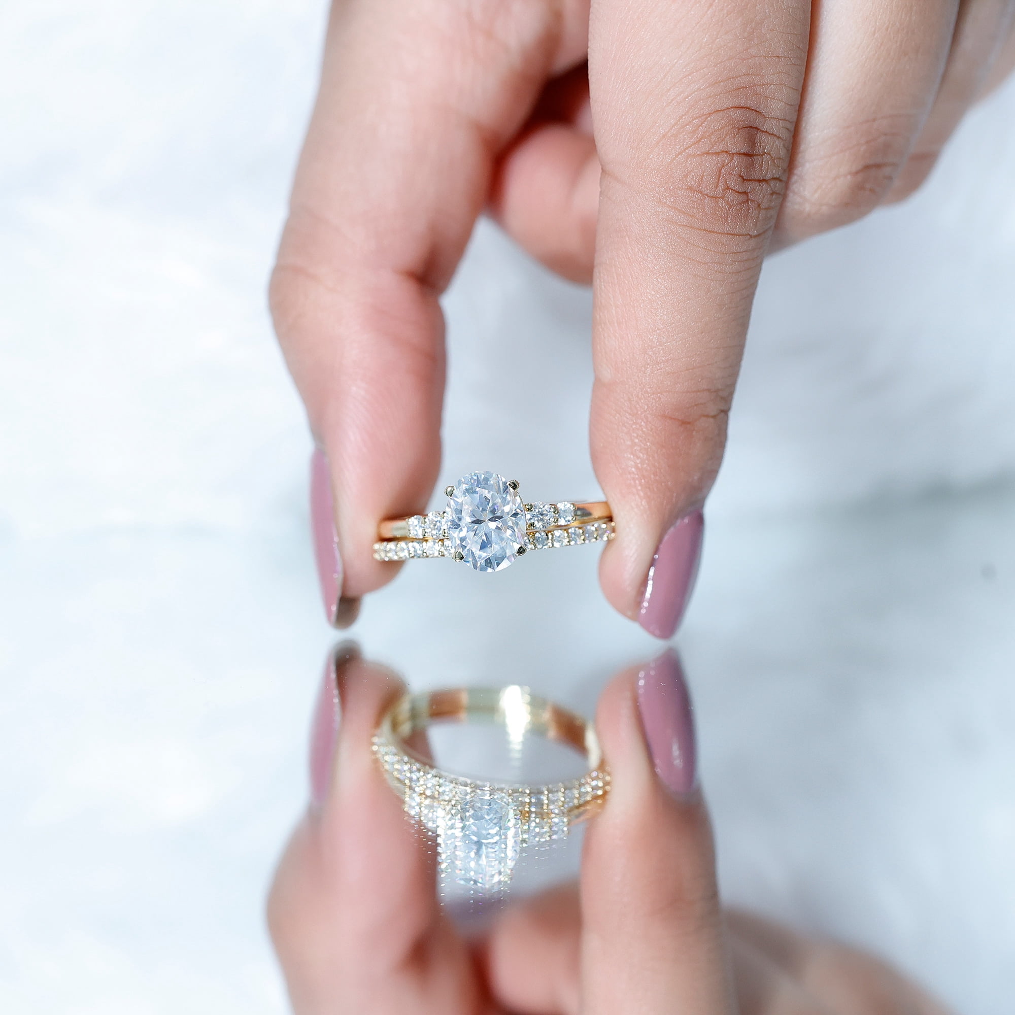 Rosec Jewels 2 Ct Oval Lab Grown Diamond Engagement Ring with Wedding Band (EF-VS Grade) - Bridal Ring Set of 2 - with Jewelry Box, 10K Yellow Gold, US 12.00 - Image 3