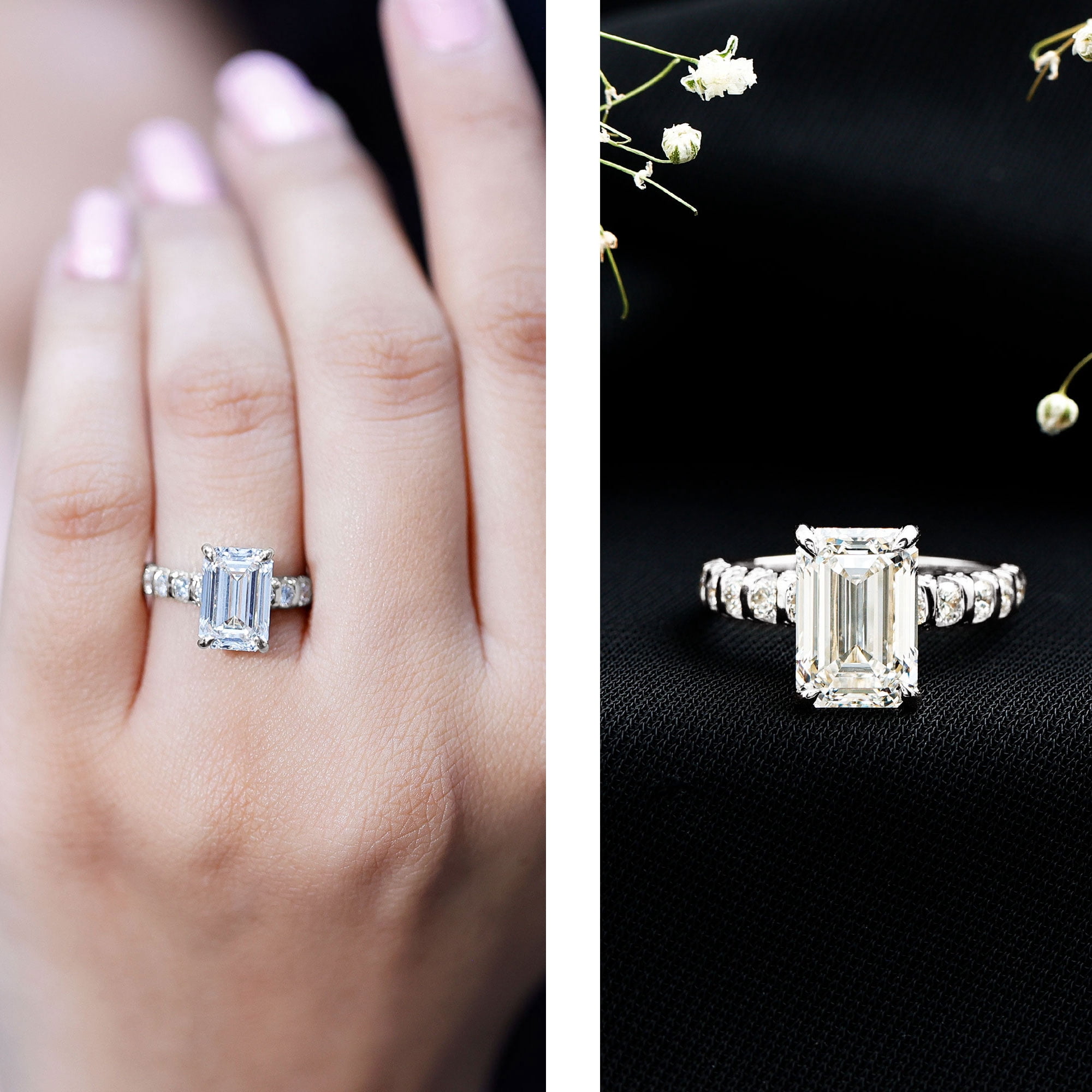 Rosec Jewels IGI Certified Lab Grown Diamond 3 Carat Engagement Ring - Emerald Cut Diamond Ring (E-VS1 Quality) - with Jewelry Box, 925 Sterling Silver, US 4.00 - Image 5